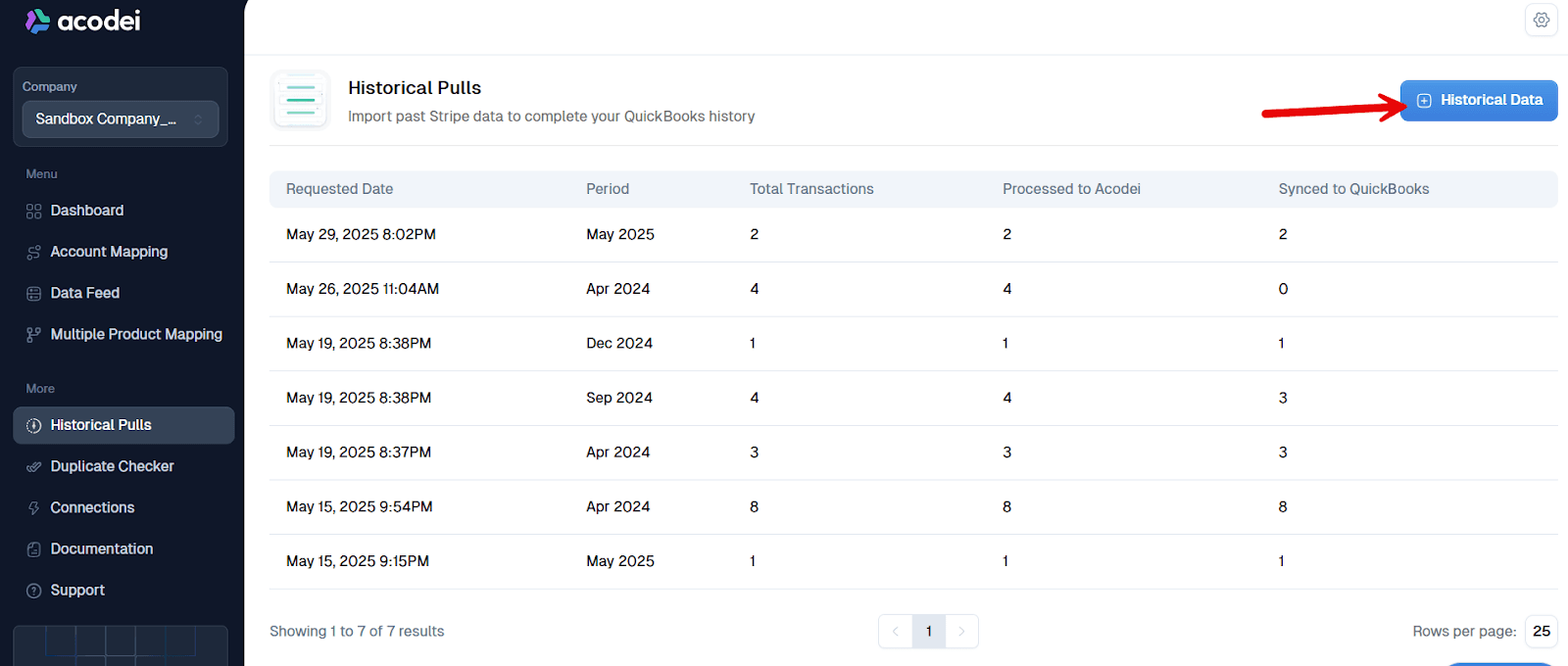 Pull historic data action in Acodei dashboard